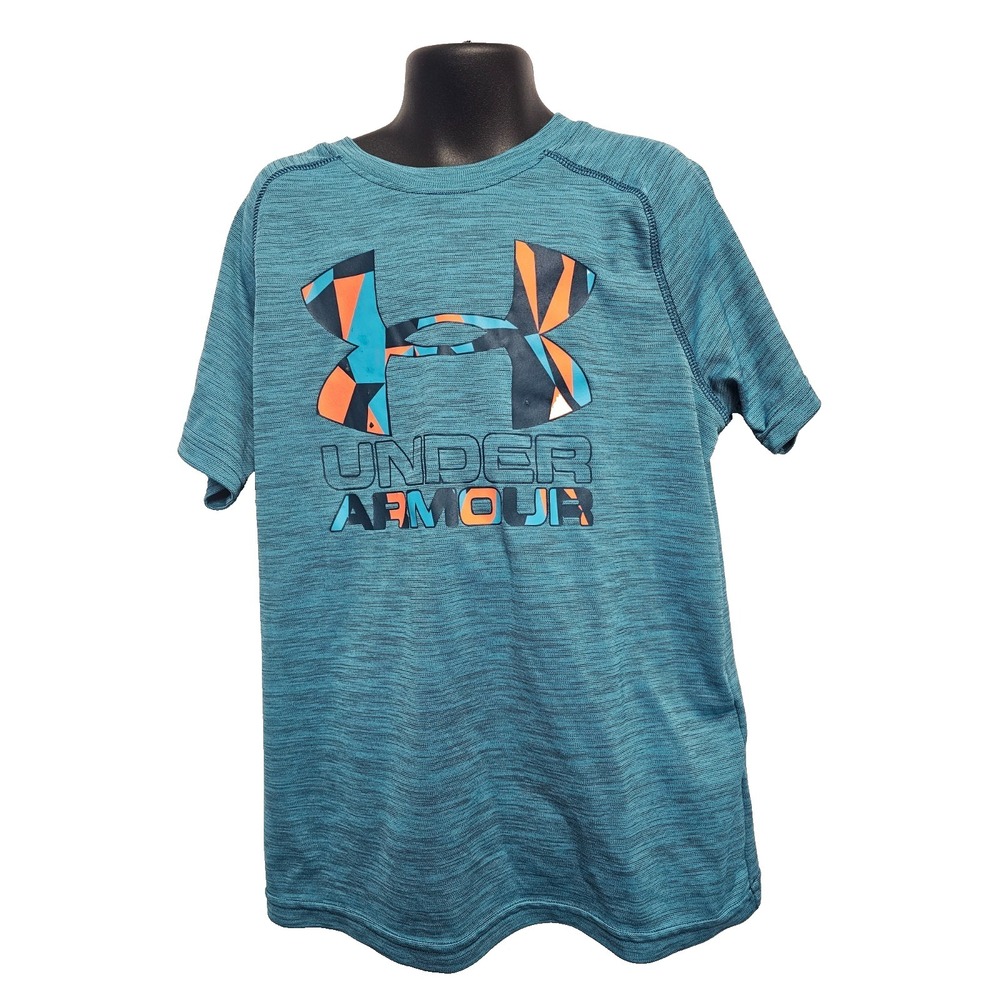 Under Armour heather blue teal orange logo short sleeve t shirt Youth Medium